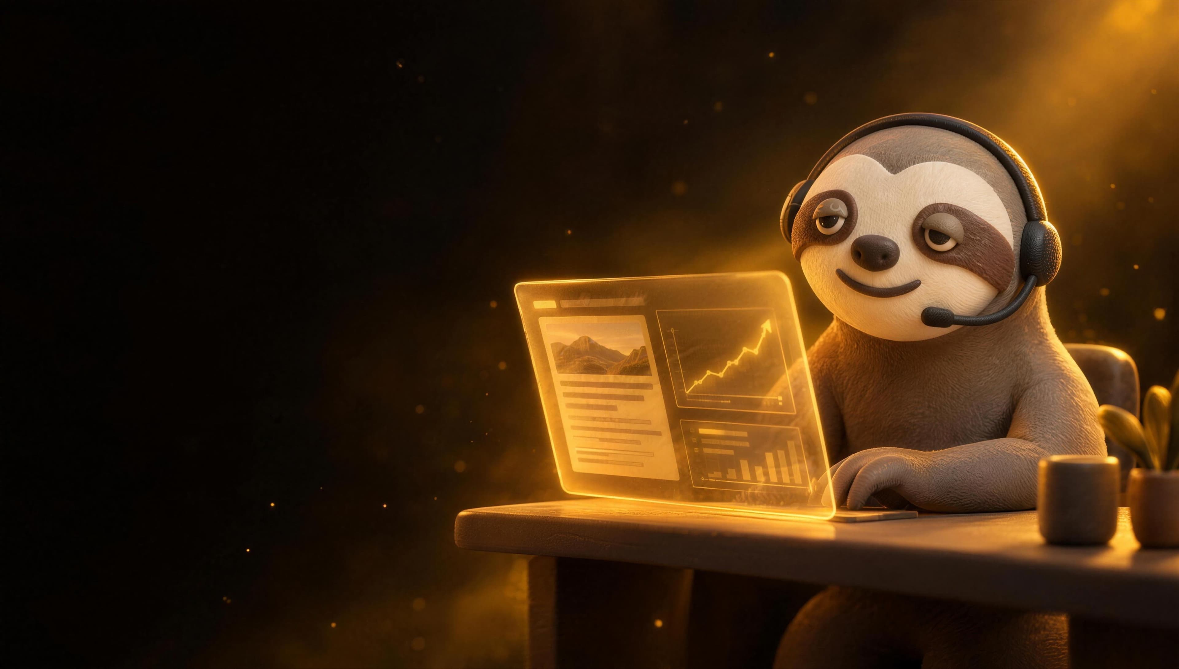 Alex, the clay sloth with a headset, writing at a glowing screen at night