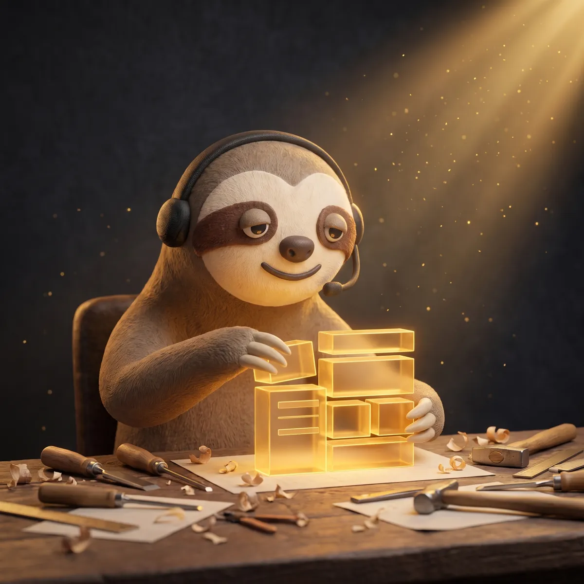 Alex, el perezoso mascota con auriculares, ante un portátil con el panel de Craft CMS