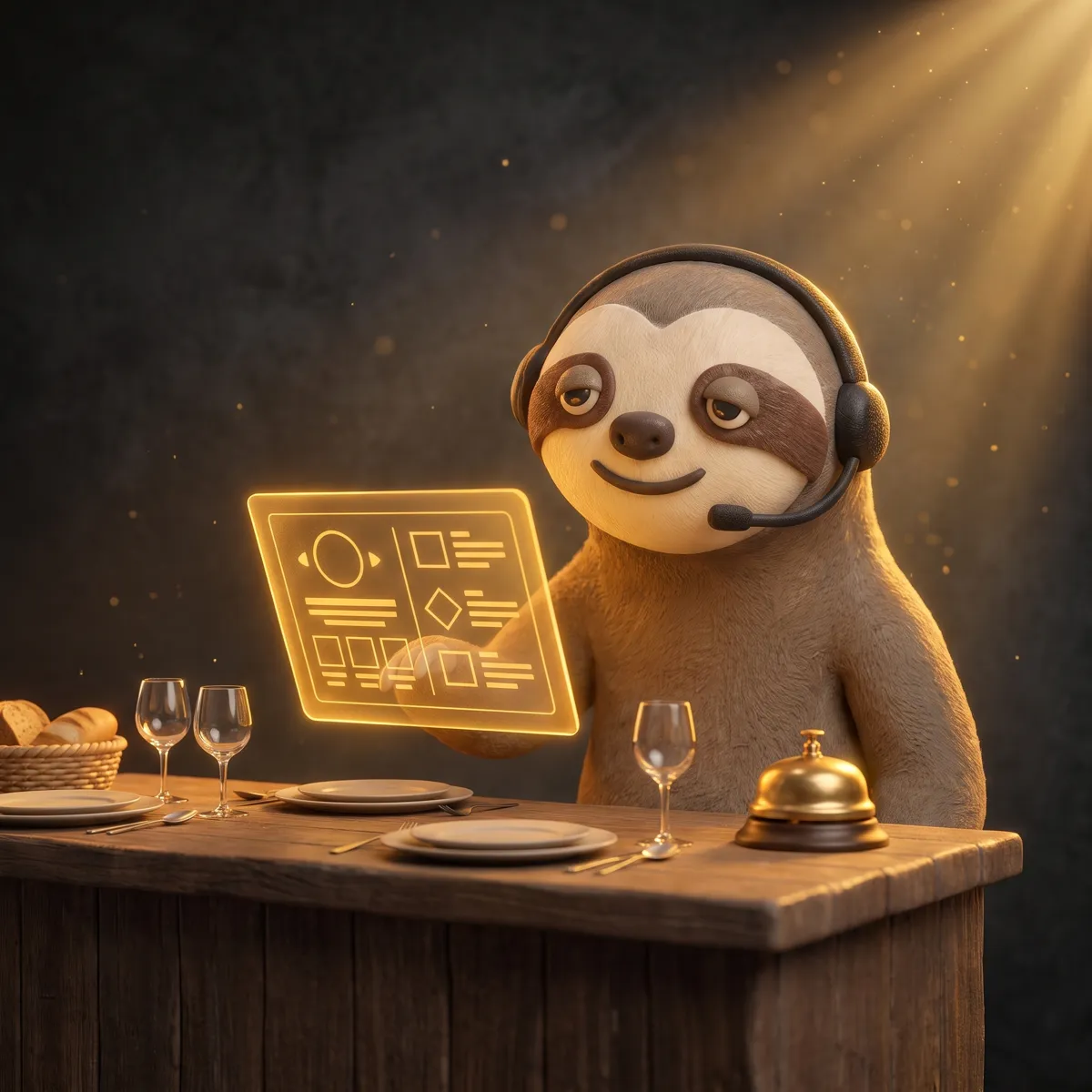 Alex de luiaard-mascotte met headset in een gezellig restaurant met terras