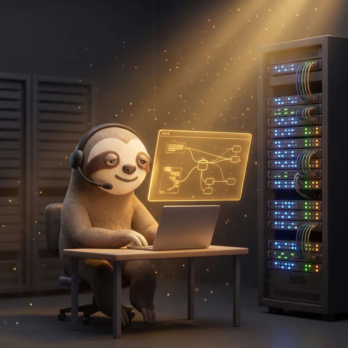 Alex the sloth mascot wearing a headset in an IT office with server racks