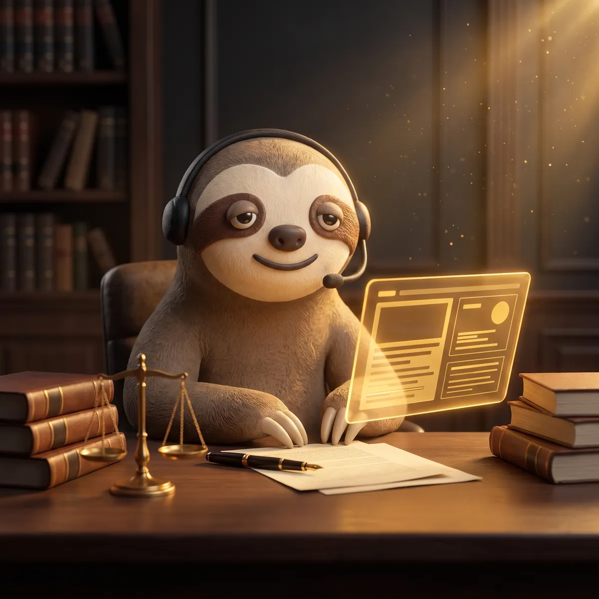 Alex, la mascota perezoso con auriculares, en un despacho de abogados lleno de expedientes
