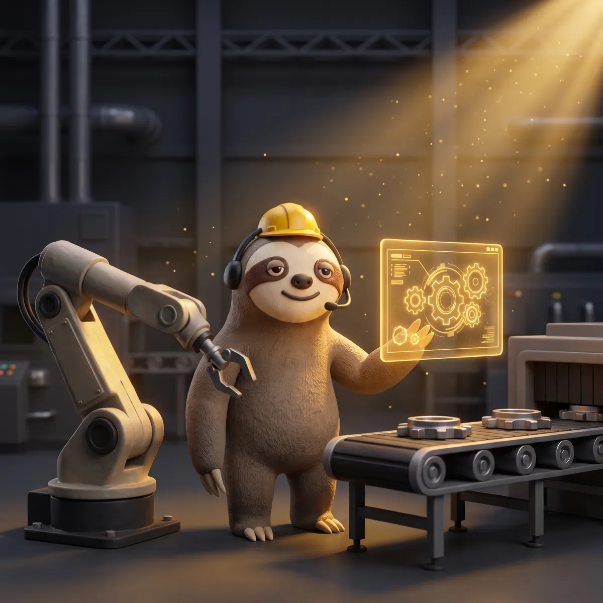 Faultier-Maskottchen Alex mit Headset in einer Fertigungshalle zwischen CNC-Maschinen