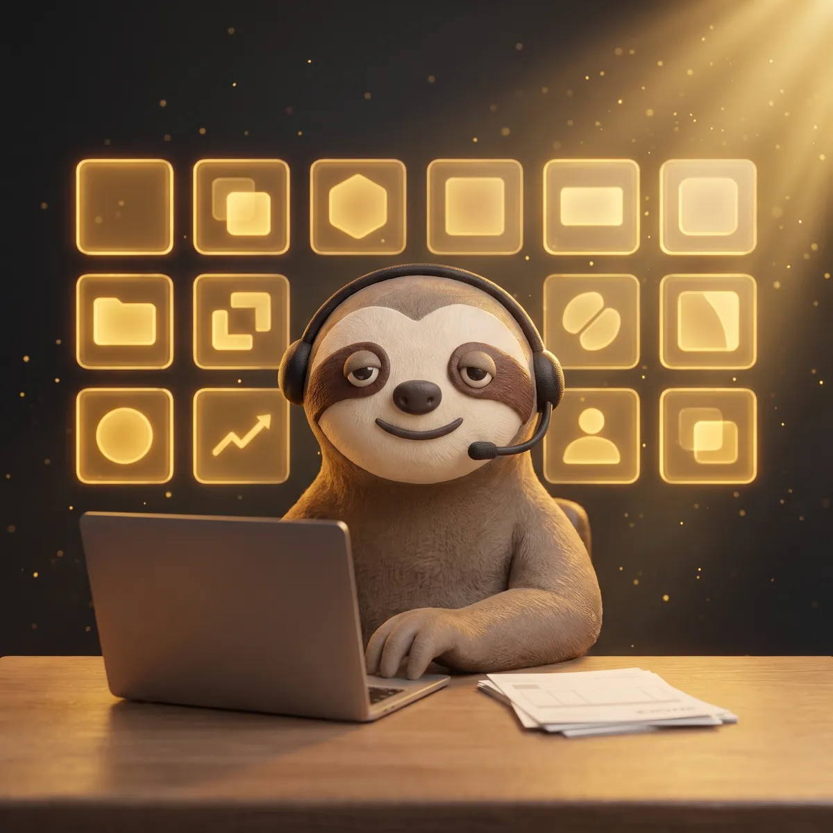 Alex de luiaard-mascotte met headset achter een laptop met de Odoo-backend