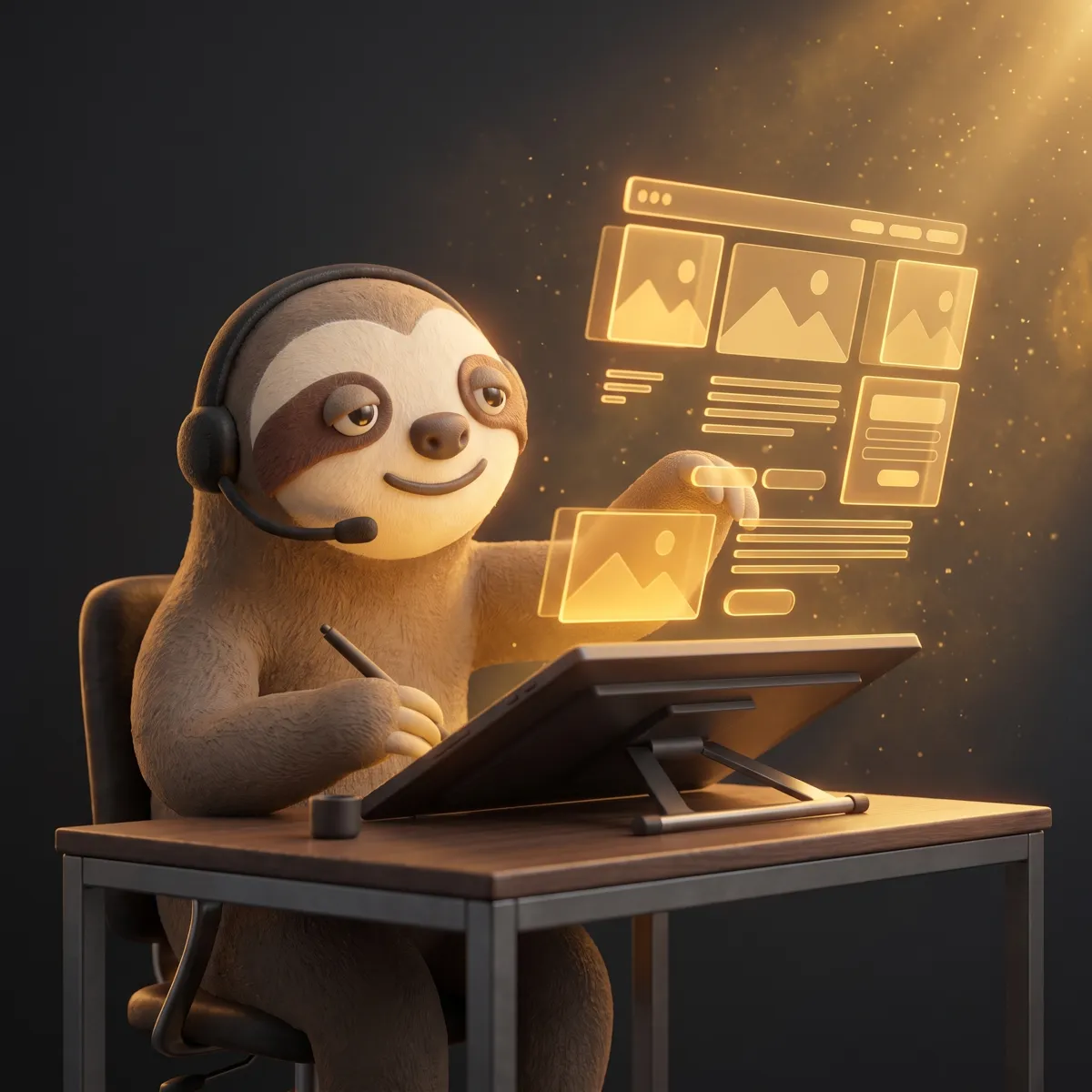 headset पहने Alex स्लॉथ मैस्कॉट, Webflow वेबसाइट खुले लैपटॉप के पीछे बैठा