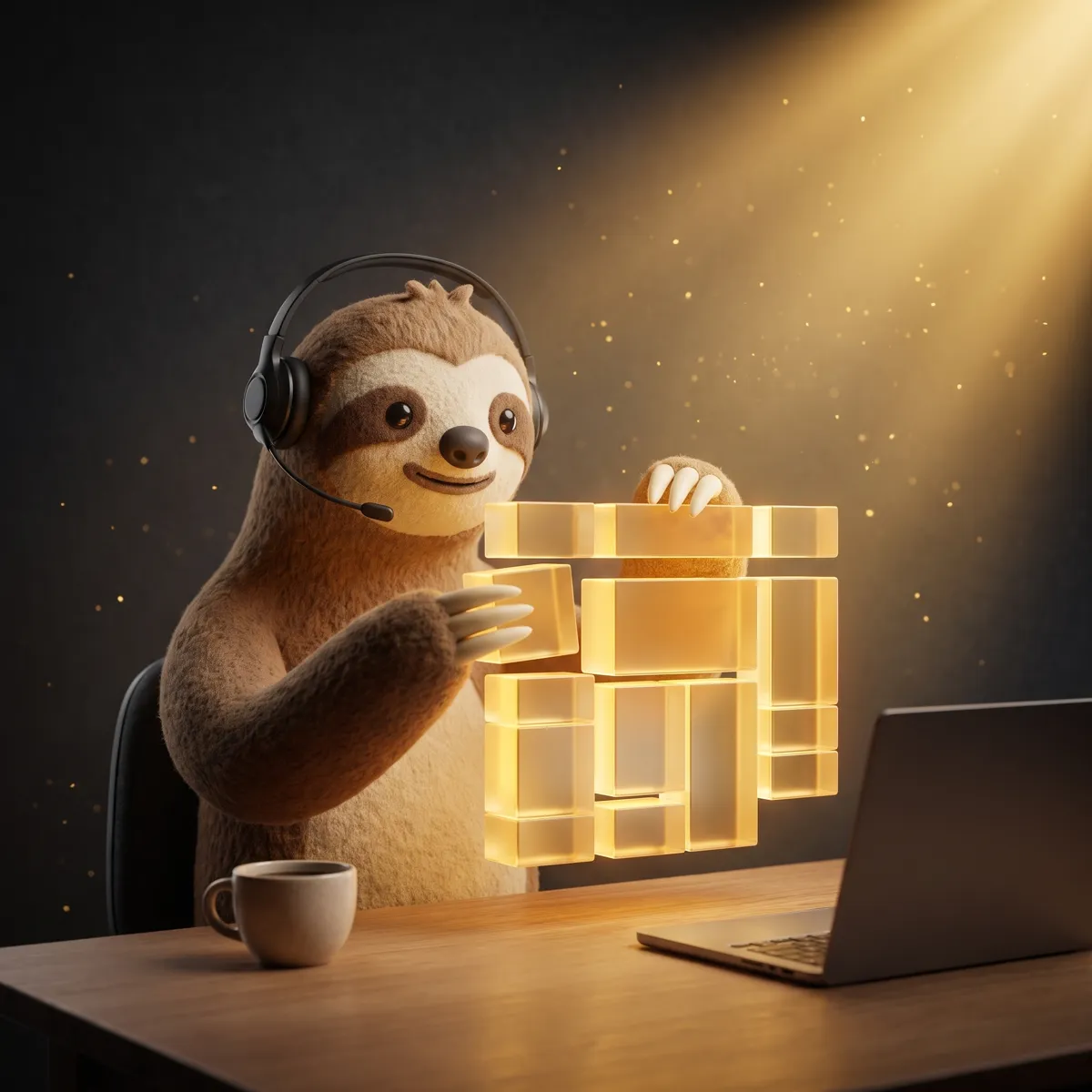 Alex de luiaard-mascotte met headset achter een laptop met een WordPress-dashboard