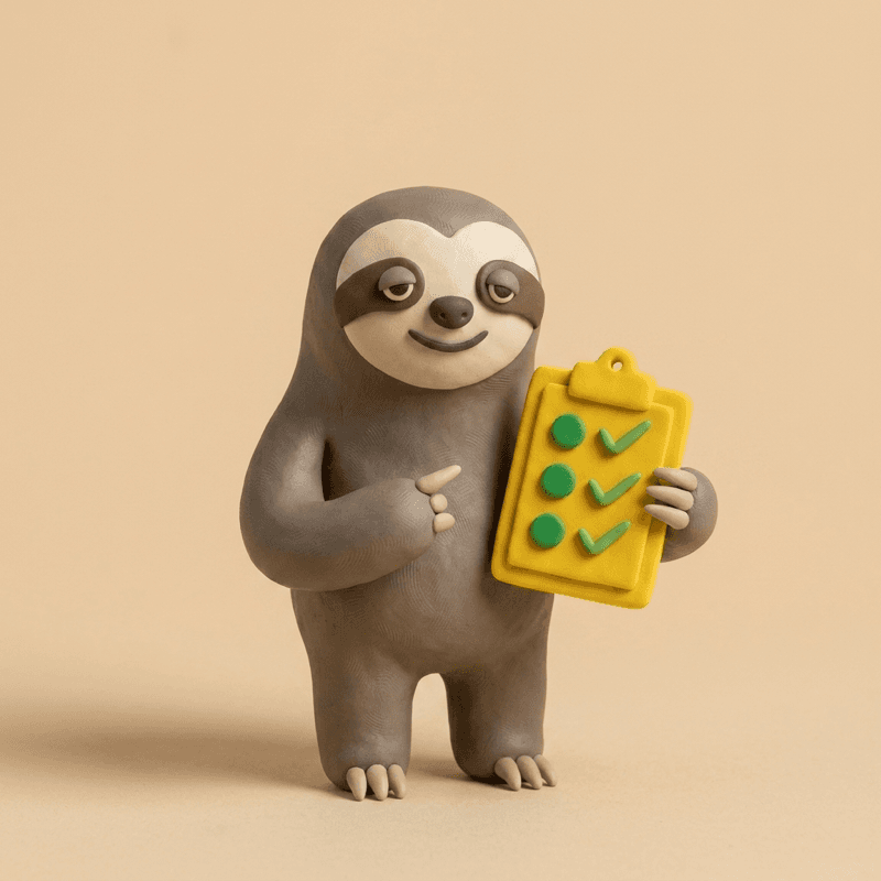 Alex, Launchmind's sloth, with a plan checklist