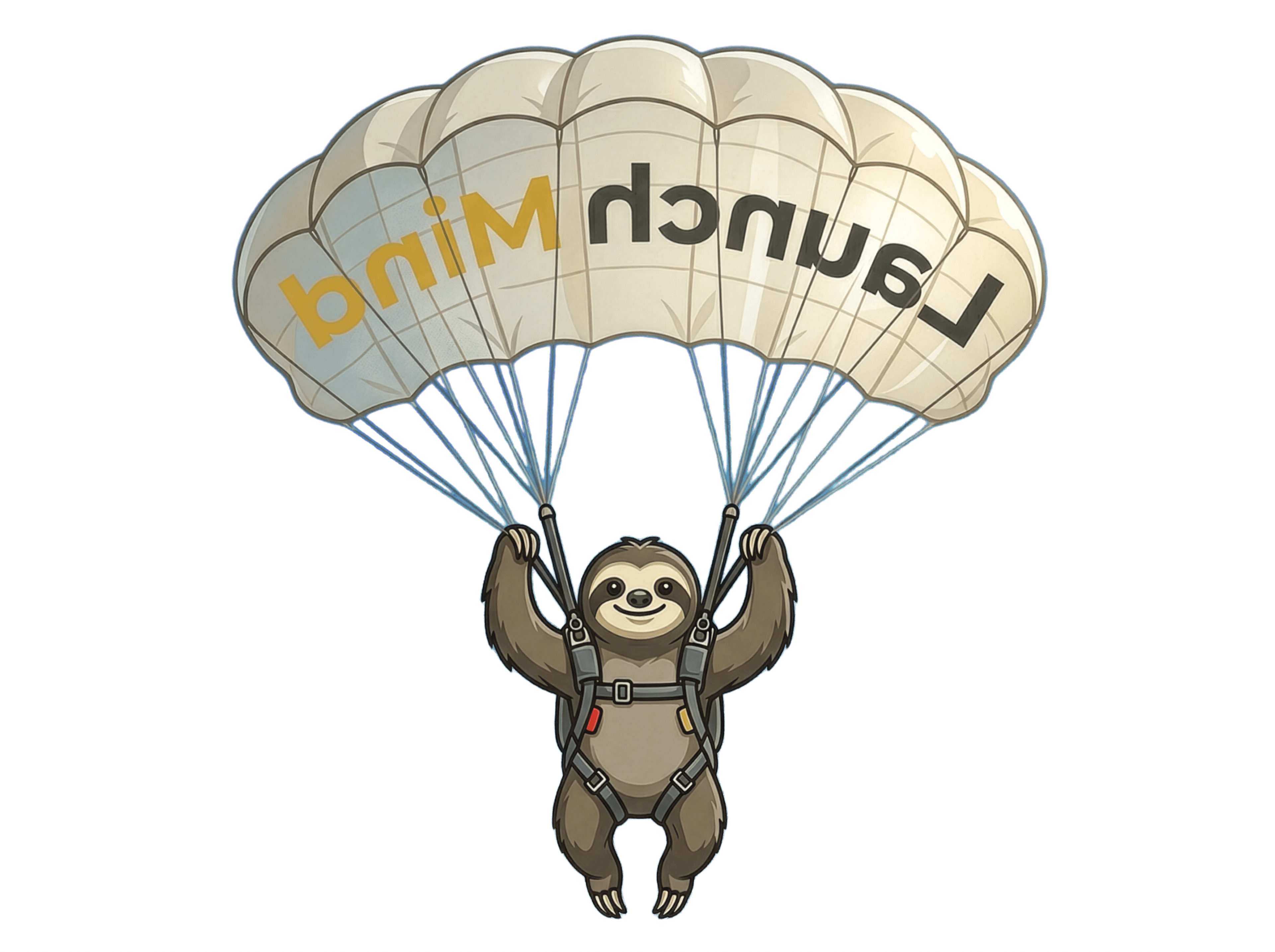 Launchmind mascot — sloth descending with a parachute, symbolizing a soft automated launch of SEO content
