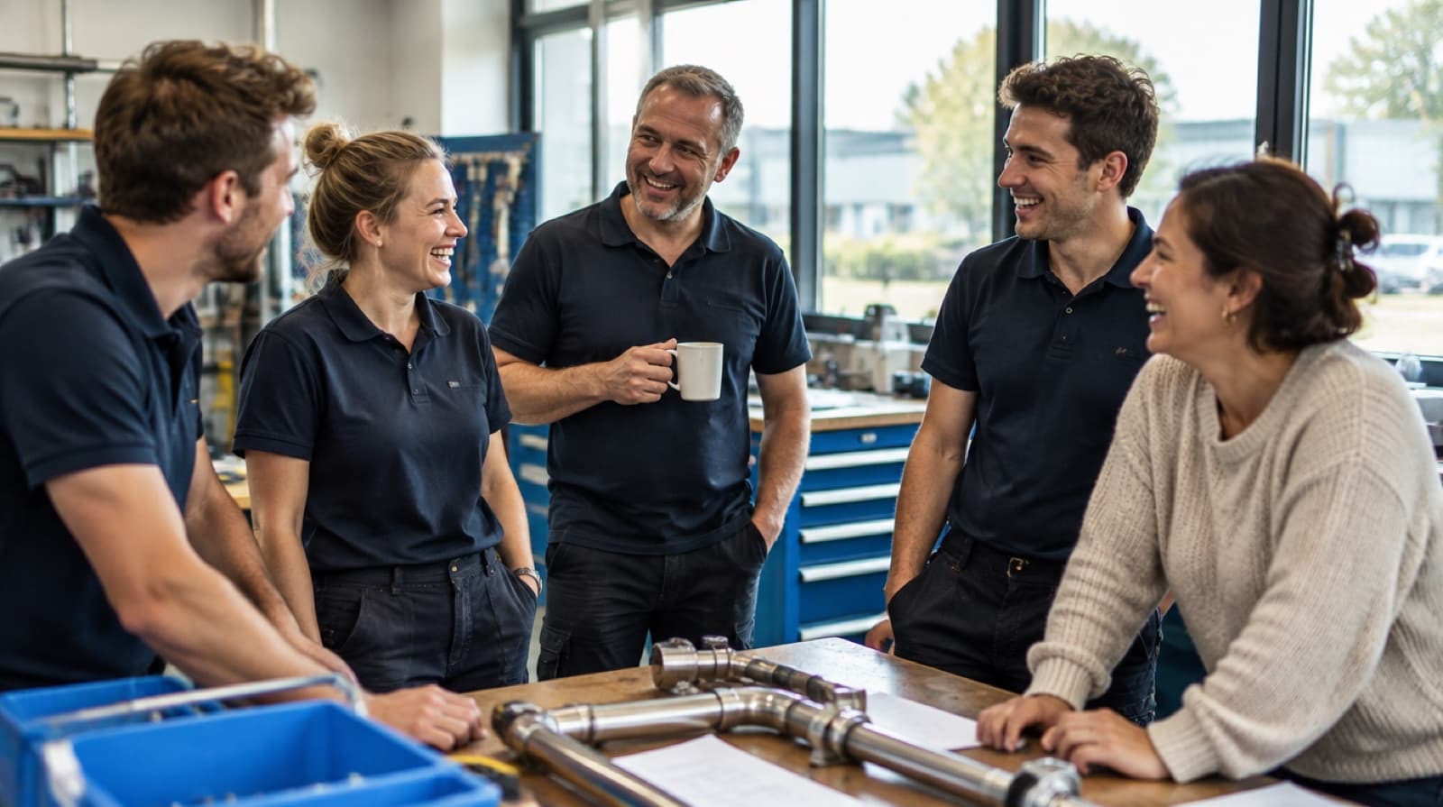 Exemple de site carrières : photo d'équipe générée par IA, des collègues dans l'atelier d'une entreprise d'installation