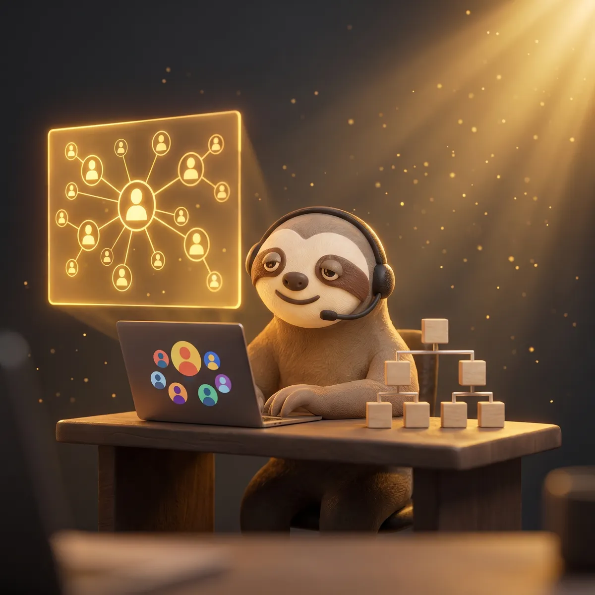 Alex, la mascota perezoso con auriculares, en una oficina moderna de HR Tech con paneles