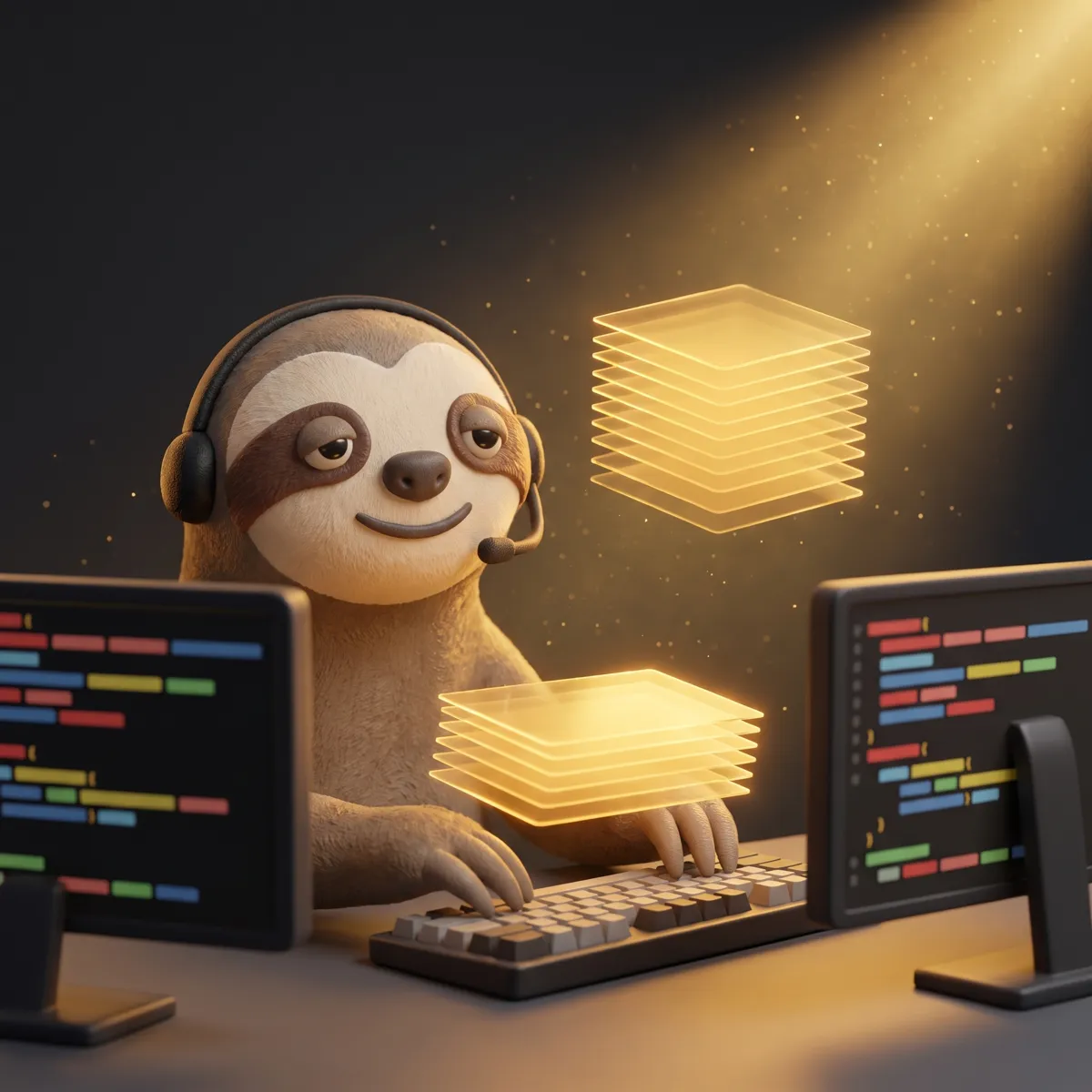 Alex the sloth with a headset at a laptop showing Laravel code in a development office
