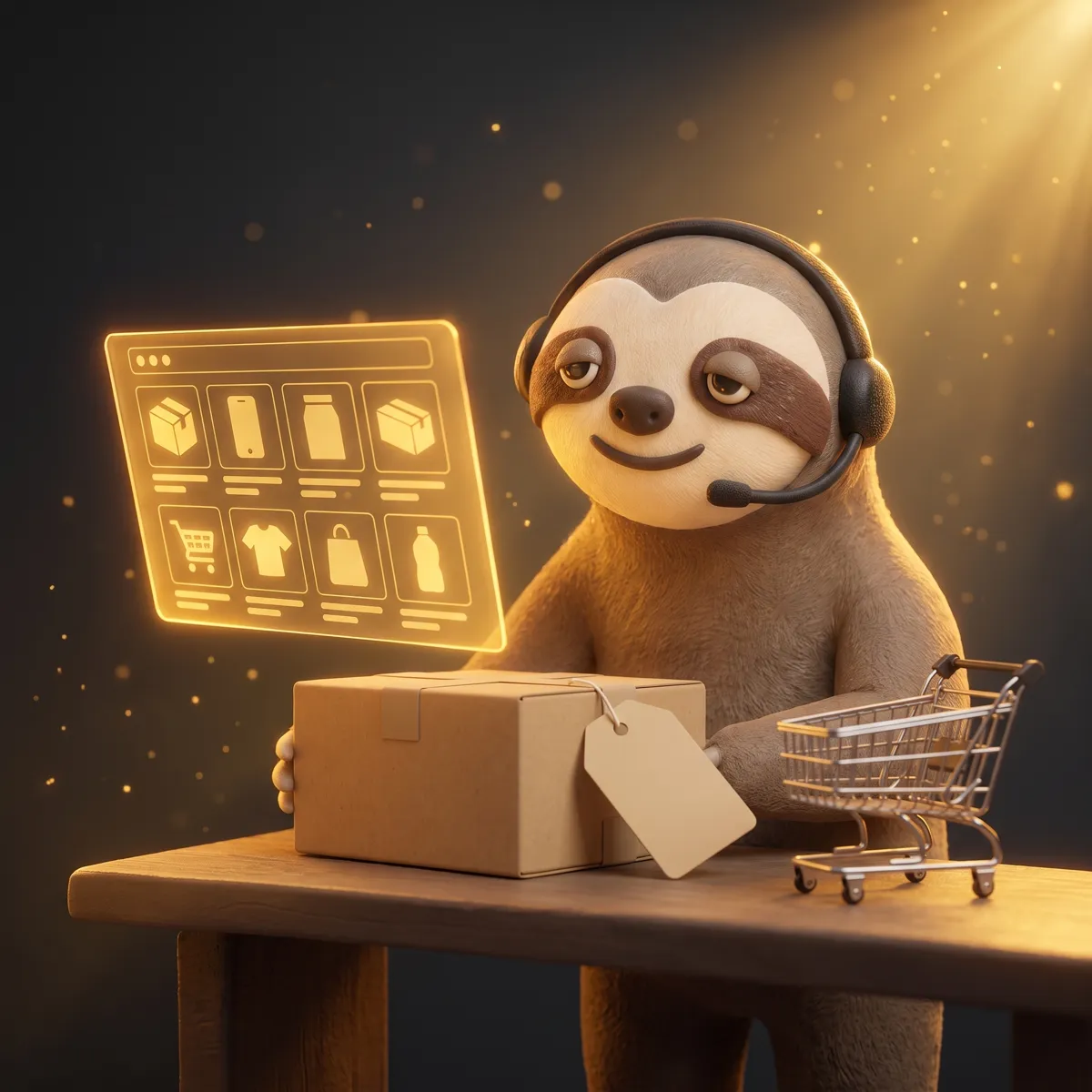 headset पहने Alex स्लॉथ मैस्कॉट, लैपटॉप पर खुले PrestaShop वेबशॉप के साथ