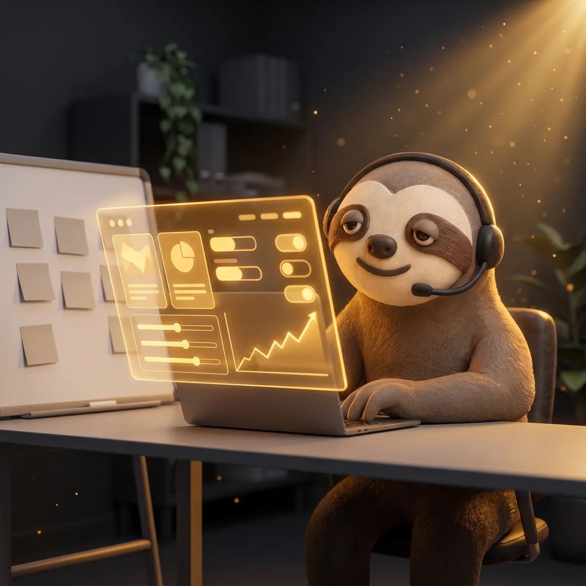 Alex the sloth mascot with a headset at a laptop showing a SaaS dashboard
