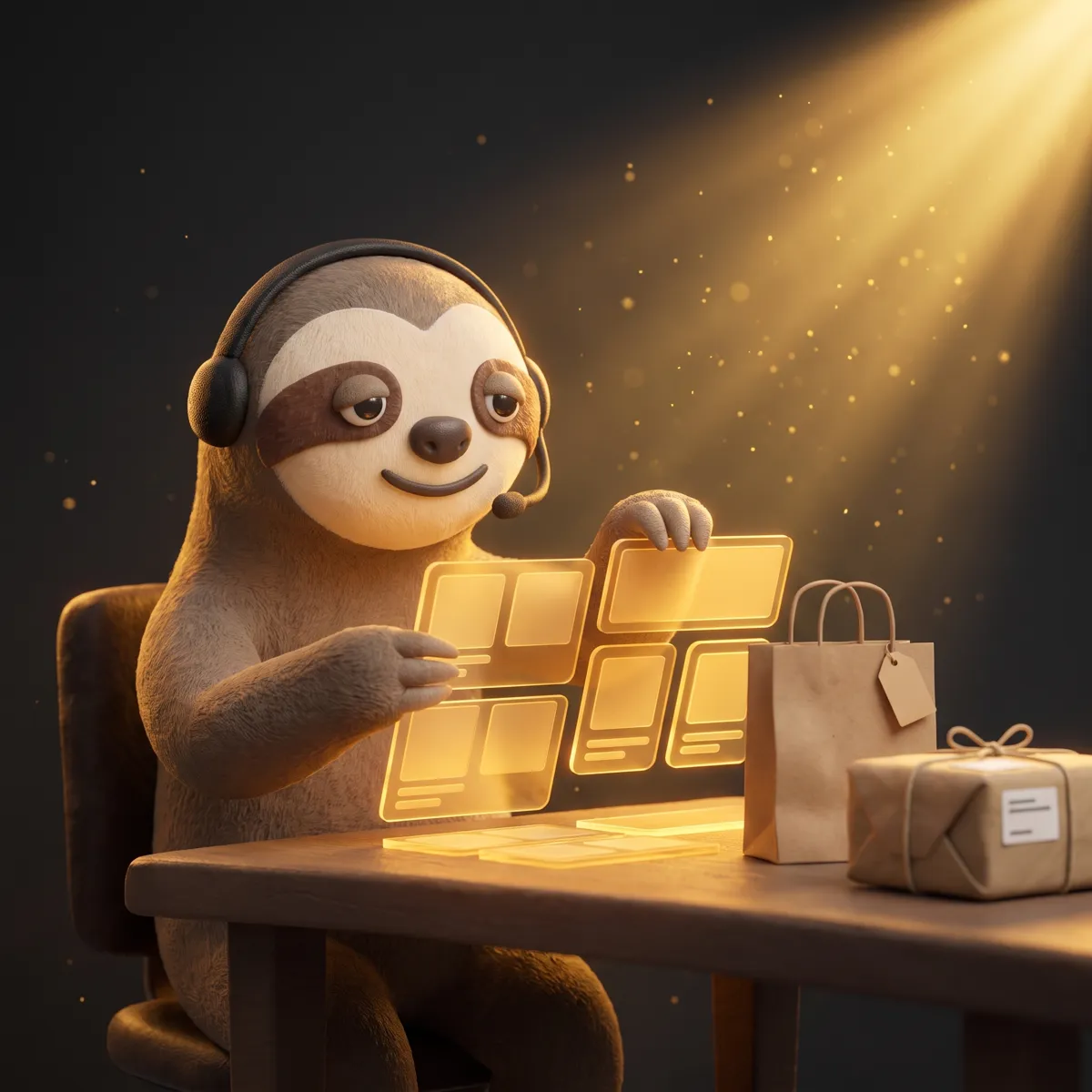 Alex el perezoso con auriculares frente a un portátil con una tienda Shopify