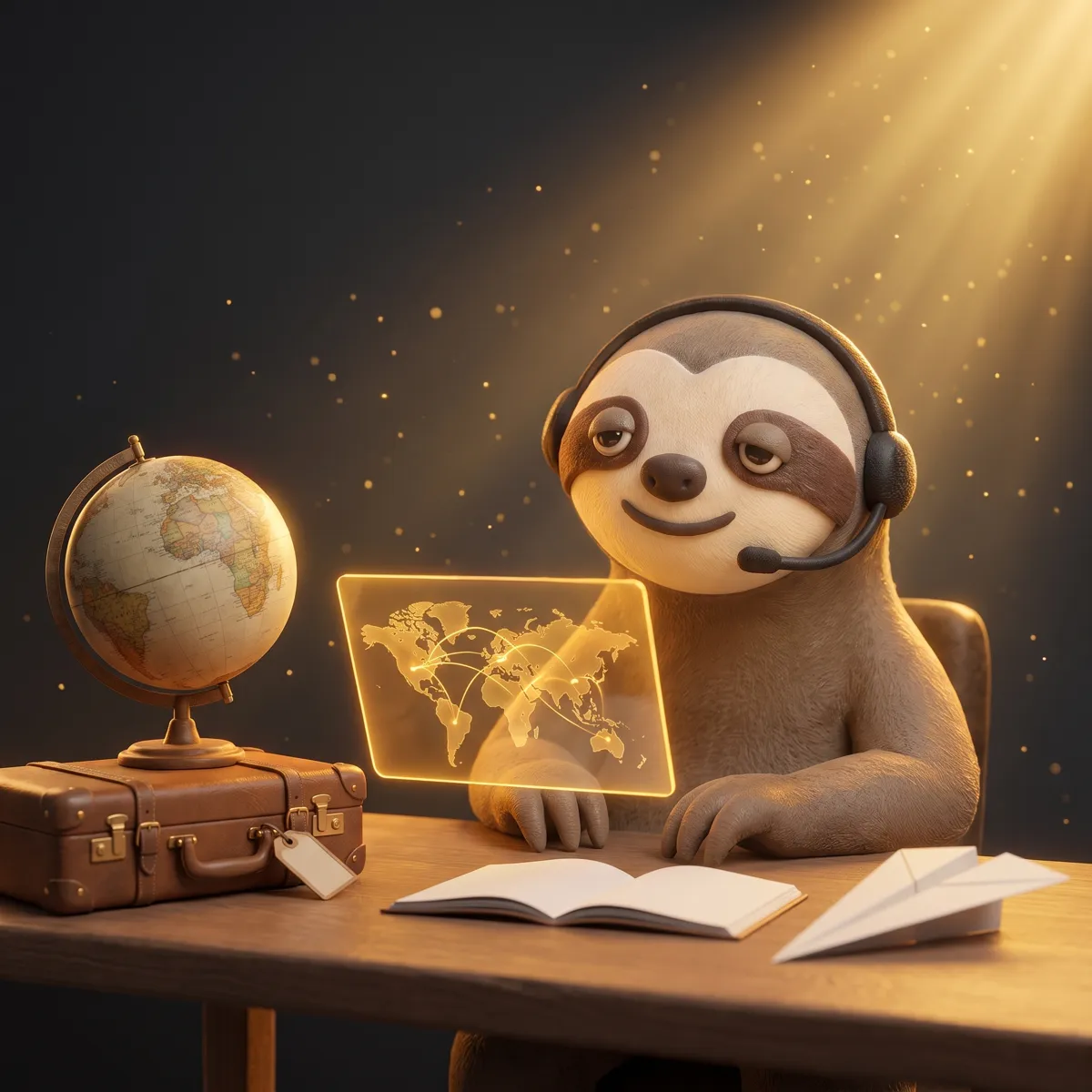 Alex, la mascotte bradipo con cuffie, in un'agenzia di viaggi con mappamondo e valigie